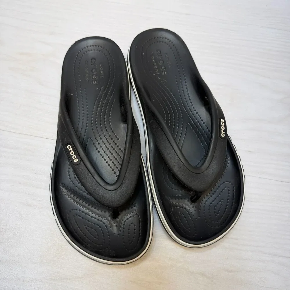 Crocs Bayaband Thong Flip‎ Flops Unisex Size 6M/8W Black Leather Casual Comfort